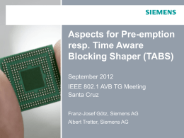 Aspects for Pre-emption resp. Time Aware Blocking Shaper (TABS) September 2012 IEEE 802.1 AVB TG Meeting Santa Cruz Franz-Josef Götz, Siemens AG Albert Tretter, Siemens AG.