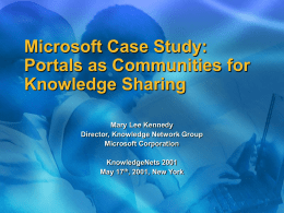 Microsoft Case Study: Portals as Communities for Knowledge Sharing Mary Lee Kennedy Director, Knowledge Network Group Microsoft Corporation  KnowledgeNets 2001 May 17th, 2001, New York.