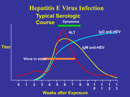 Hepatitis E Virus Infection Typical Serologic Course Symptoms IgG anti-HEV  ALT  Titer  IgM anti-HEV Virus in stool  Weeks after Exposure 0 1 2 3