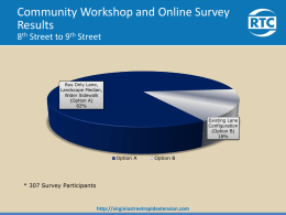 Community Workshop and Online Survey Results 8th Street to 9th Street  Bus Only Lane, Landscape Median, Wider Sidewalk (Option A) 82% Existing Lane Configuration (Option B) 18%  Option A  Option B  * 307 Survey.