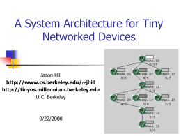 A System Architecture for Tiny Networked Devices  Jason Hill http://www.cs.berkeley.edu/~jhill http://tinyos.millennium.berkeley.edu U.C. Berkeley  9/22/2000 Goals:     To develop an ultra low power networked sensor platform, including hardware and software, that.