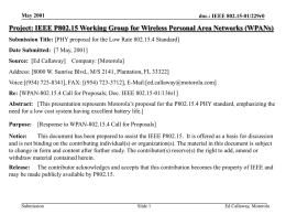 May 2001  doc.: IEEE 802.15-01/229r0  Project: IEEE P802.15 Working Group for Wireless Personal Area Networks (WPANs) Submission Title: [PHY proposal for the Low.