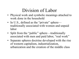 Division of Labor • Physical work and symbolic meanings attached to work done in the household • In U.S., defined as the “private”