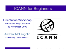 ICANN for Beginners Orientation Workshop Marina del Rey, California 13 November, 2000  Andrew McLaughlin Chief Policy Officer and CFO.