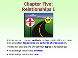 Chapter Five: Relationships I  Authors use two common methods to show relationships and make their ideas clear: transitions and patterns of organization. This chapter.
