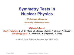 Symmetry Tests in Nuclear Physics Krishna Kumar University of Massachusetts  Editorial Board:  Parity Violation: K.