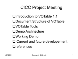 CICC Project Meeting Introduction to VOTable 1.1 Document Structure of VOTable VOTable Tools Demo Architecture Working Demo  Current and future developement references 1/27/2006  Community Grids Lab.