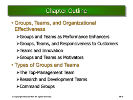 Chapter Outline • Groups, Teams, and Organizational Effectiveness Groups and Teams as Performance Enhancers Groups, Teams, and Responsiveness to Customers  Teams and Innovation Groups and Teams.