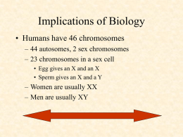 Implications of Biology • Humans have 46 chromosomes – 44 autosomes, 2 sex chromosomes – 23 chromosomes in a sex cell • Egg gives.