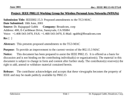 June 2001  doc.: IEEE 802.15-01/271r0  Project: IEEE P802.15 Working Group for Wireless Personal Area Networks (WPANs) Submission Title: IEEE802.15.3: Proposed amendments to the.