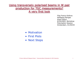 Using transversely polarised beams in W pair production for TGC measurements? A very first look Filip Franco-Sollova Wolfgang Menges Klaus Desch ECFA/DESY Workshop Polarisation Session Amsterdam, 01/04/03  • Motivation •