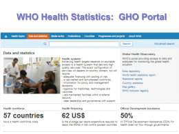 WHO Health Statistics: GHO Portal Global Health Observatory WHO's portal providing access to data and analyses for monitoring the global health situation •