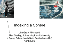 Indexing a Sphere Jim Gray, Microsoft Alex Szalay, Johns Hopkins University + Gyorgy Fekete, Maria Nieto Santisteban (JHU)  April 2005