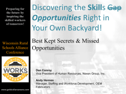 Preparing for the future by inspiring the skilled workers of tomorrow!  Wisconsin Rural Schools Alliance Conference  Discovering the Skills Gap Opportunities Right in Your Own Backyard! Best Kept Secrets & Missed Opportunities  Dan.