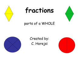 fractions parts of a WHOLE  Created by: C. Horejsi Fractions of a Dividing a whole to make fractions:  1/2 1/4  1/8  1/16 1/32 1/64 1/128  1/256  Smaller & smaller.