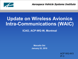 Aerospace Vehicle Systems Institute  Update on Wireless Avionics Intra-Communications (WAIC) ICAO, ACP-WG-W, Montreal  Marcella Ost January 22, 2010  ACP WG-W/3 IP-3