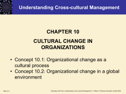 Understanding Cross-cultural Management  CHAPTER 10 CULTURAL CHANGE IN ORGANIZATIONS • Concept 10.1: Organizational change as a cultural process • Concept 10.2: Organizational change in a global environment Slide.