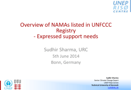 Overview of NAMAs listed in UNFCCC Registry - Expressed support needs Sudhir Sharma, URC 5th June 2014 Bonn, Germany  Sudhir Sharma Senior Climate Change Expert UNEP Risø Centre Technical.