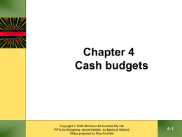 Chapter 4 Cash budgets  Copyright  2003 McGraw-Hill Australia Pty Ltd PPTs t/a Budgeting, second edition, by Banks & Giliberti Slides prepared by Mya.