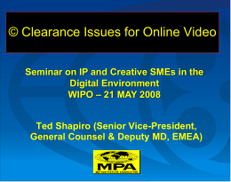 © Clearance Issues for Online Video Seminar on IP and Creative SMEs in the Digital Environment WIPO – 21 MAY 2008 Ted Shapiro (Senior.