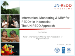 Information, Monitoring & MRV for REDD+ in Indonesia: The UN-REDD Approach Joel Scriven REDD+ After Cancun: Moving from Negotiation to Implementation 10 May 2011, Douala.