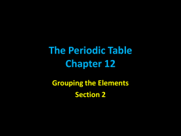 The Periodic Table Chapter 12 Grouping the Elements Section 2 Reminder… Groups AKA Families • Elements in each family have similar but not identical properties. – For.