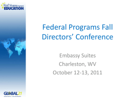 Federal Programs Fall Directors’ Conference Embassy Suites Charleston, WV October 12-13, 2011 Effective Team Organization and Communication Lisa Youell State School Improvement Specialist.