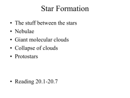 Star Formation • • • • •  The stuff between the stars Nebulae Giant molecular clouds Collapse of clouds Protostars  • Reading 20.1-20.7