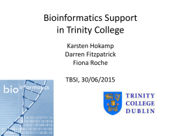 Bioinformatics Support in Trinity College Karsten Hokamp Darren Fitzpatrick Fiona Roche TBSI, 30/06/2015 Bioinformatics Support in Trinity College Position established in 2005 … to provide computational support for SFI-Biotech.