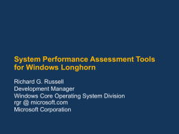 System Performance Assessment Tools for Windows Longhorn Richard G. Russell Development Manager Windows Core Operating System Division rgr @ microsoft.com Microsoft Corporation.