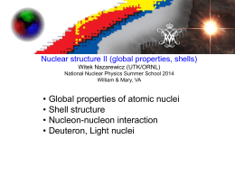 Nuclear structure II (global properties, shells) Witek Nazarewicz (UTK/ORNL) National Nuclear Physics Summer School 2014 William & Mary, VA  • • • •  Global properties of atomic nuclei Shell.
