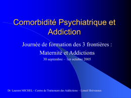 Comorbidité Psychiatrique et Addiction Journée de formation des 3 frontières : Maternité et Addictions 30 septembre – 1er octobre 2005  Dr Laurent MICHEL - Centre.