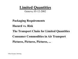 Limited Quantities Geneva, 05-12-2002  Packaging Requirements Hazard vs. Risk  The Transport Chain for Limited Quantities Consumer Commodities in Air Transport Pictures, Pictures, Pictures, ...  Volker Krampe, Hamburg.