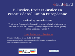 E-Justice, Droit et Justice en réseaux dans l’ Union Européenne vendredi 23 novembre 2012 Traitement des données à caractère personnel et circulation de.