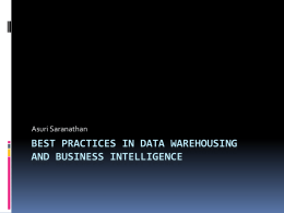 Asuri Saranathan  BEST PRACTICES IN DATA WAREHOUSING AND BUSINESS INTELLIGENCE Agenda  Introduction  Best Practices – Over View  Deep Dive  Conclusion  Q&A.