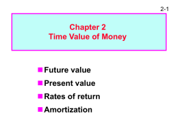 2-1  Chapter 2 Time Value of Money  Future value Present value Rates of return Amortization 2-2  Time lines show timing of cash flows.  CF1  CF2  CF3  i%  CF0  Tick marks at ends of.