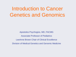 Introduction to Cancer Genetics and Genomics  Apostolos Psychogios, MD, FACMG Associate Professor of Pediatrics LeeAnne Brown Chair of Clinical Excellence Division of Medical Genetics and.