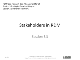 RDMRose: Research Data Management for LIS Session 3 The Digital Curation Lifecycle Session 3.3 Stakeholders in RDM  Stakeholders in RDM Session 3.3  Nov-15  Learning material produced.