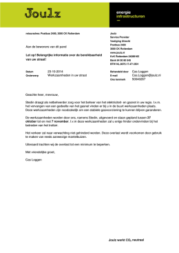 Brief van Stedin/Joulz over werkzaamheden aan de gasleiding op