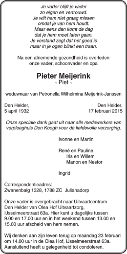 Advertentie de heer P. Meijerink