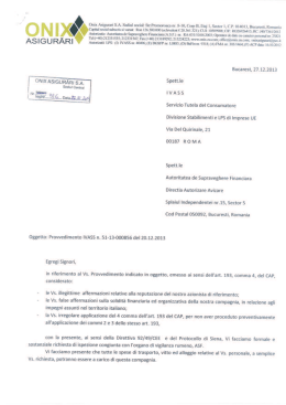 Lettera Onix Asigurari ad IVASS a seguito Provvedimento n. 51-13