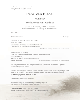 Irena Van Bladel °05/07/1921 - †26/12/2015