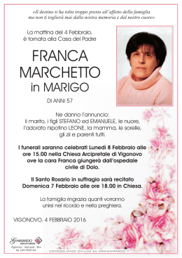 Marchetto Franca in Marigo Lunedì 8 Febbraio 2016 ore