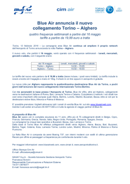 Blue Air annuncia il nuovo collegamento Torino – Alghero