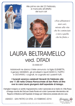 Beltramello Laura ved. Ditadi Venerdì 26 Febbraio 2016