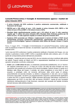 Leonardo-Finmeccanica: il Consiglio d primo trimestre 2016 il