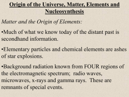 Origin of the Universe, Matter, Elements and Nucleosynthesis