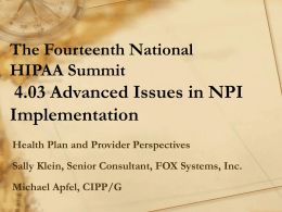 4.03 Advanced Issues in NPI Implementation The Fourteenth National HIPAA Summit