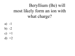 Beryllium (Be) will most likely form an ion with what charge? a) -1