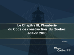 Le Chapitre III, Plomberie du Code de construction  du Québec 1